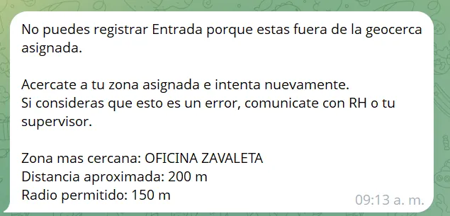 Mensaje de entrada bloqueada por estar fuera de geocerca